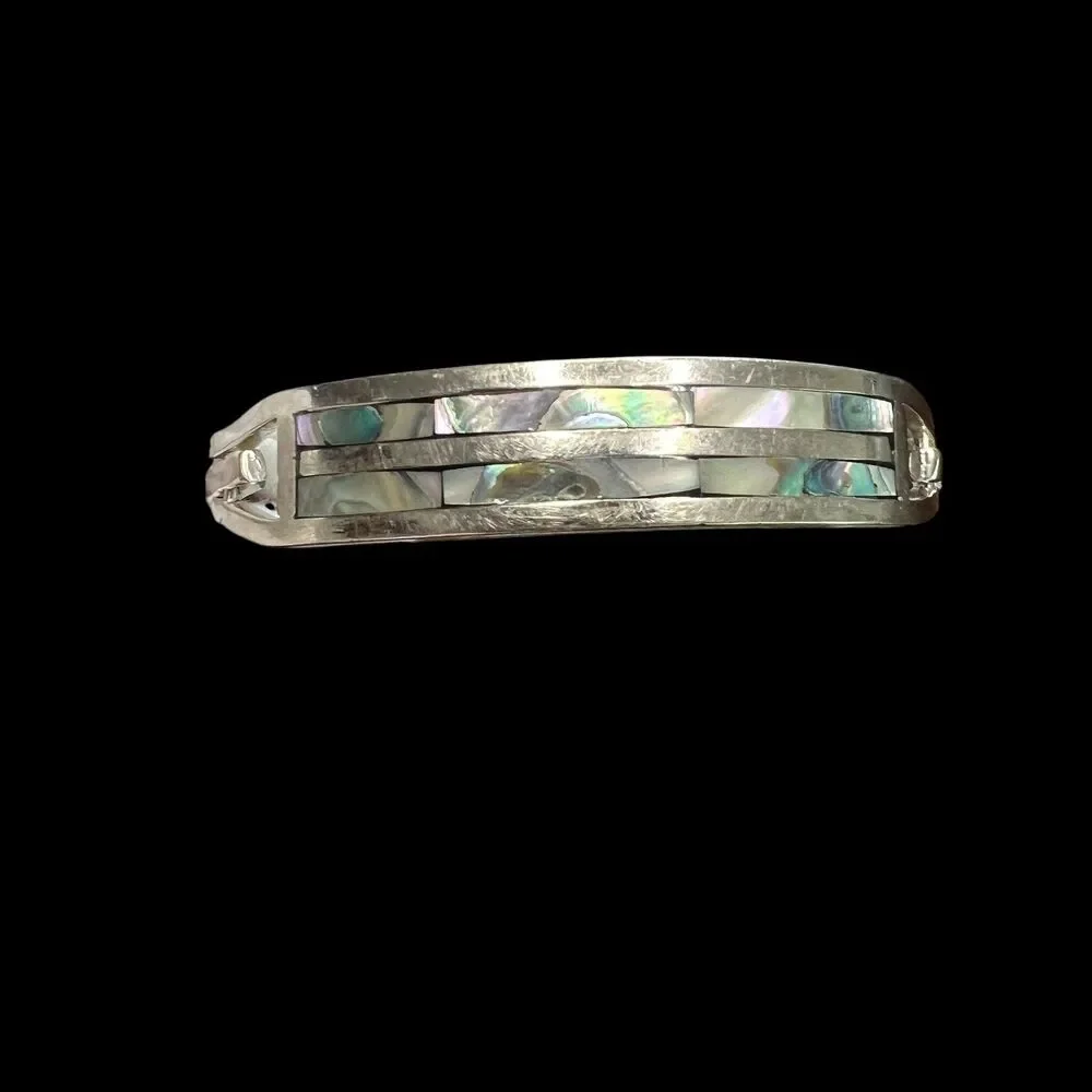 Vintage Alpaca Mexico Abalone Bangle Bracelet Silver Tone 7.5 in Signed Inlay